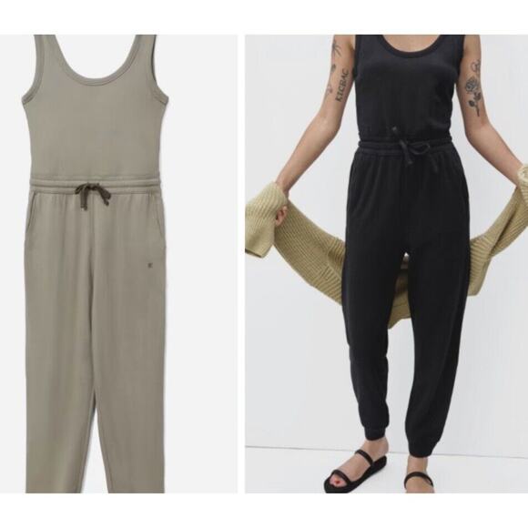 Everlane The French Terry Jumpsuit Romper •XXS•Drawstring Waist Scoop Neck Khaki - Picture 1 of 16